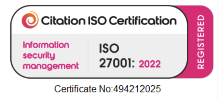 Citation ISO 27001:2022 certification, certificate number 494212025